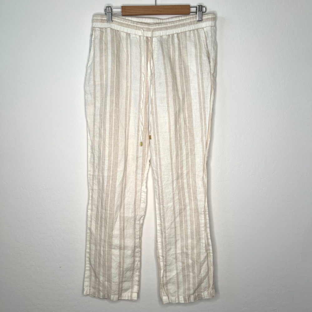 Ellen‎ Tracy Linen Pants Women Size M Tan White Striped Drawstring Straight Leg - Picture 3 of 10